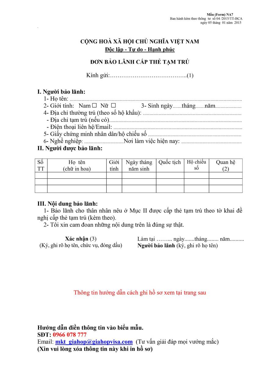 Mẫu đơn NA7 đầy đủ