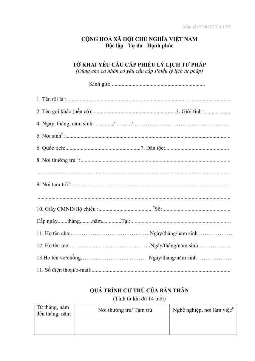 Tờ khai yêu cầu cấp phiếu lý lịch tư pháp mẫu số 03/2013 tờ 01