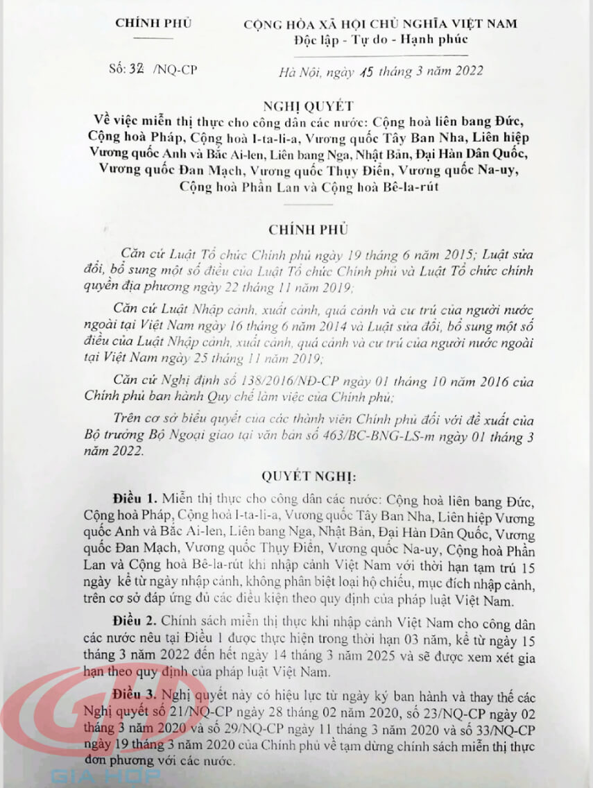 Nghị quyết 32/NQ-CP khôi phục miễn thị thực đơn phương trang 1